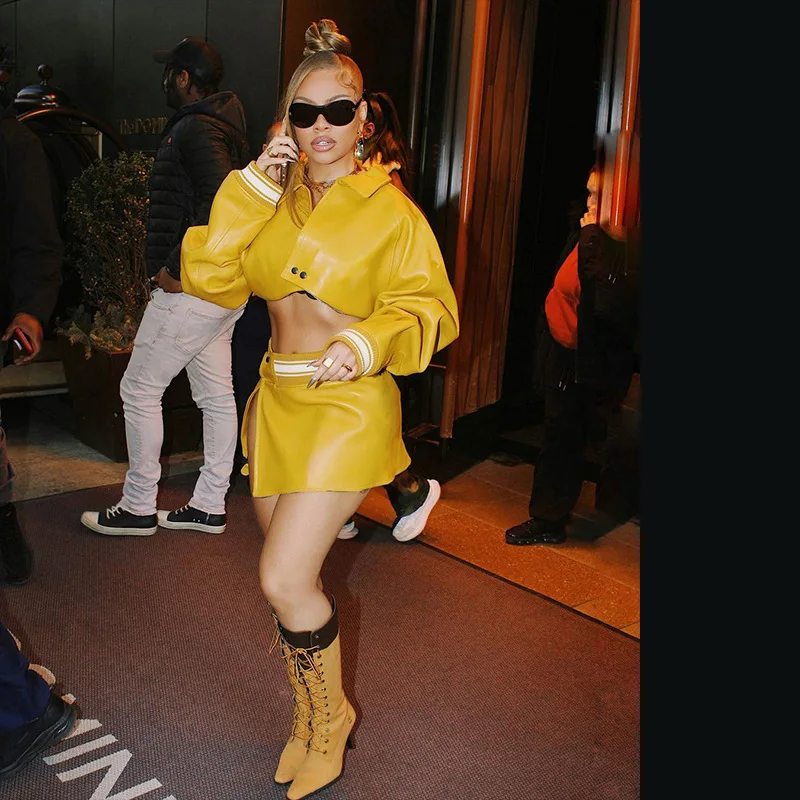 Fall Winter PU Leather Two Piece Set 2023 Women Turn Down Collar Long Sleeve Short Jackets Crop Tops Mini Skirts Streetwear Suit 
Fall Winter PU Leather Two Piece Set 2023 Women Turn Down Collar Long Sleeve Short Jackets Crop Tops Mini Skirts Streetwear Suit