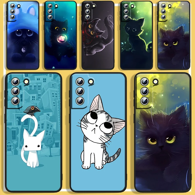

Cute cat cartoon Phoen Case For Samsung S8 S9 S10 S20 S21 S22 S23 Plus 4G S10e 5G Lite Ultra FE Black Cover Funda Soft Capa