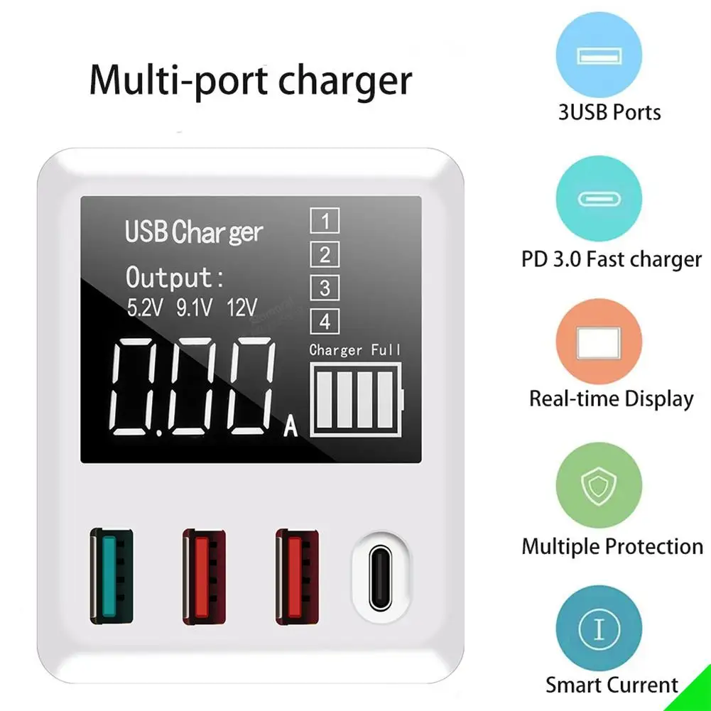 Portable QC3.0 4-Ports USB Charger Multi-port Charger 40w Fast Charging Compact Design Mobile Phone Adapter With LED Display
Portable QC3.0 4-Ports USB Charger Multi-port Charger 40w Fast Charging Compact Design Mobile Phone Adapter With LED Display
