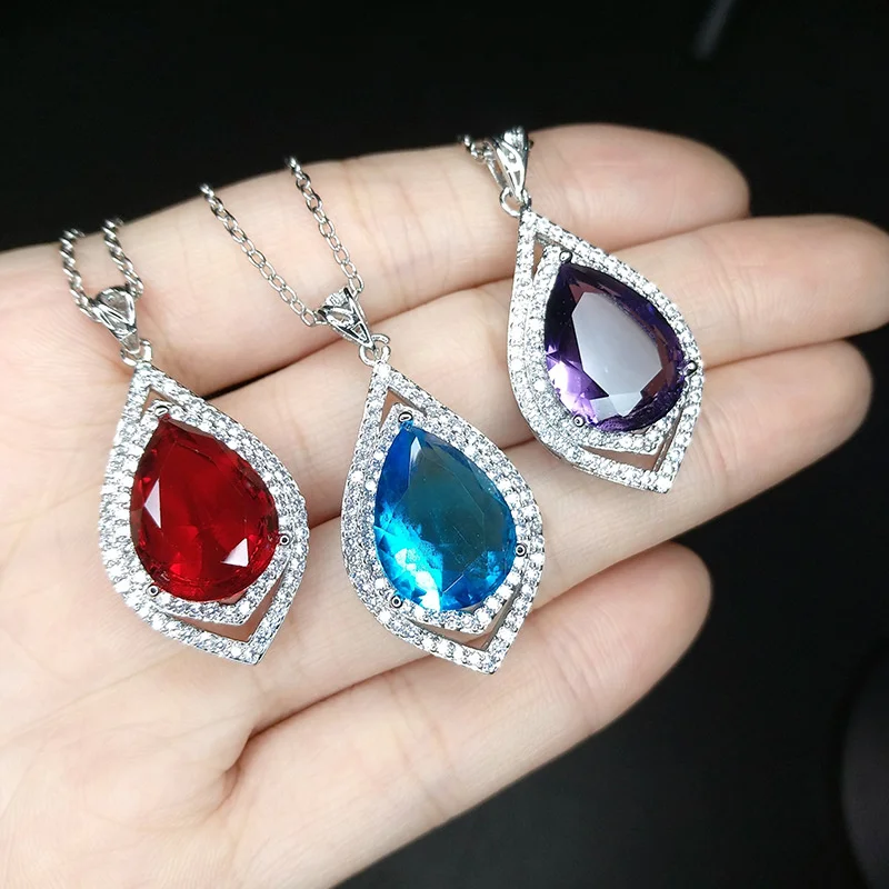 

Water drop shaped imitation red crystal pendant New luxury full diamond aquamarine gem plated white gold Amethyst necklace