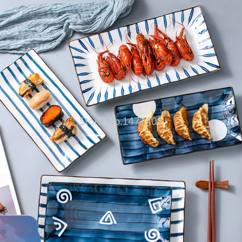 

Японская керамическая прямоугольная тарелка для суши, креативная ручная роспись, тарелка для рыбы, домашняя тарелка для столовой, сетчатая красная тарелка для десерта, поднос