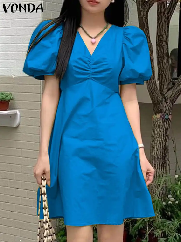 

VONDA летнее сексуальное женское мини-платье 2023 богемное с коротким пышным рукавом V-образным вырезом сарафан модное повседневное свободное однотонное Плиссированное пляжное платье
