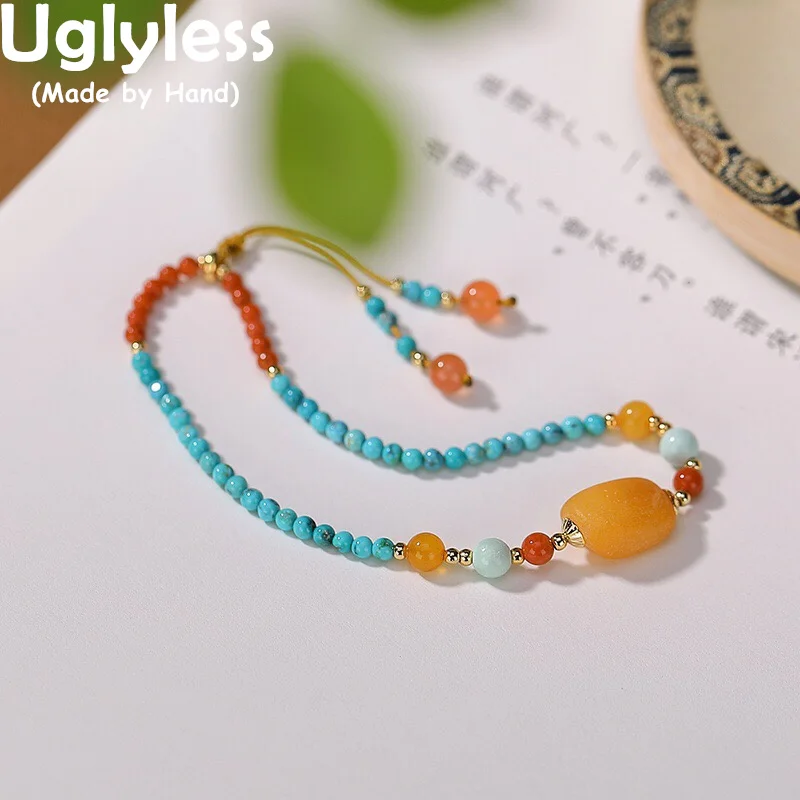 

Uglyless MINI Turquoise Bracelets Women Exotic Bohemia Jewelry Natural Multi Gemstones Bracelets Amber Agate Bangles 925 Silver