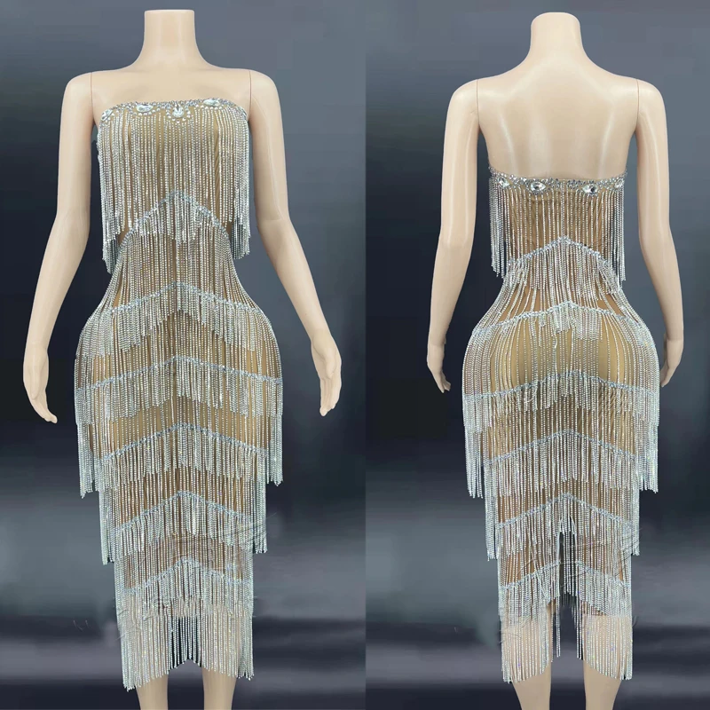 Strapless Fringed Rhinestone Mesh Stretch Dress Birthday Party Wear Women Nightclub Stage Performance Costume Rave Outfit XS3706
Strapless Fringed Rhinestone Mesh Stretch Dress Birthday Party Wear Women Nightclub Stage Performance Costume Rave Outfit XS3706
