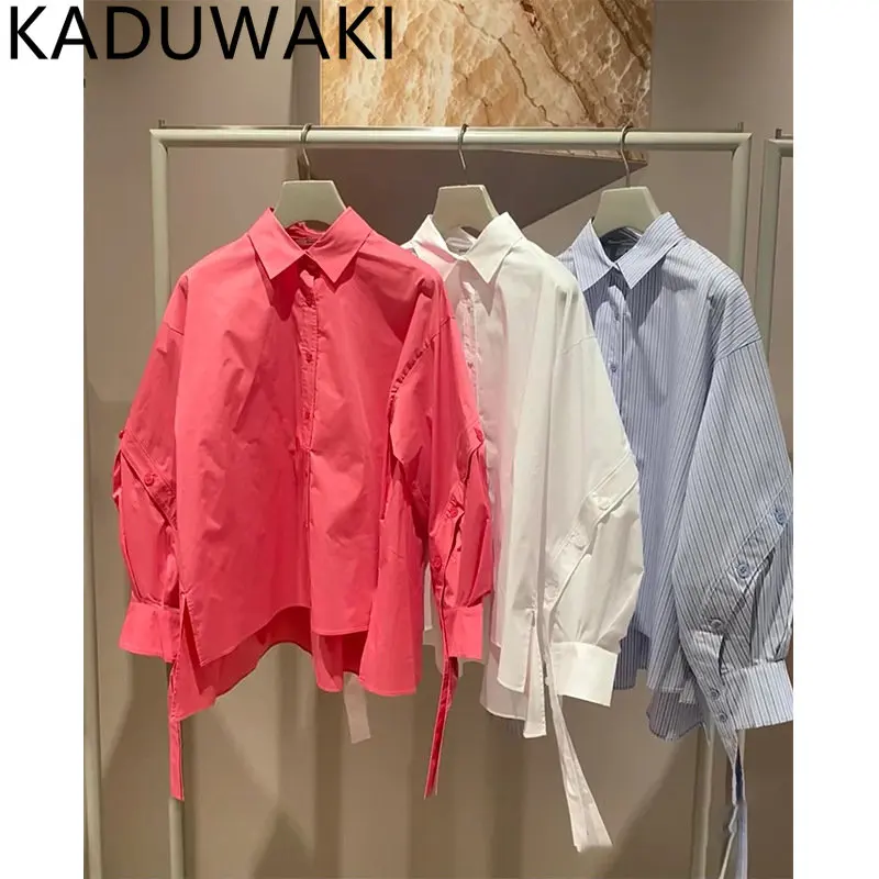 Japanese Loose Casual Solid Lapel Shirts Button Ribbon Lantern Sleeve Striped Blouse Women Single Breasted Irregular Blusa Mujer
Japanese Loose Casual Solid Lapel Shirts Button Ribbon Lantern Sleeve Striped Blouse Women Single Breasted Irregular Blusa Mujer