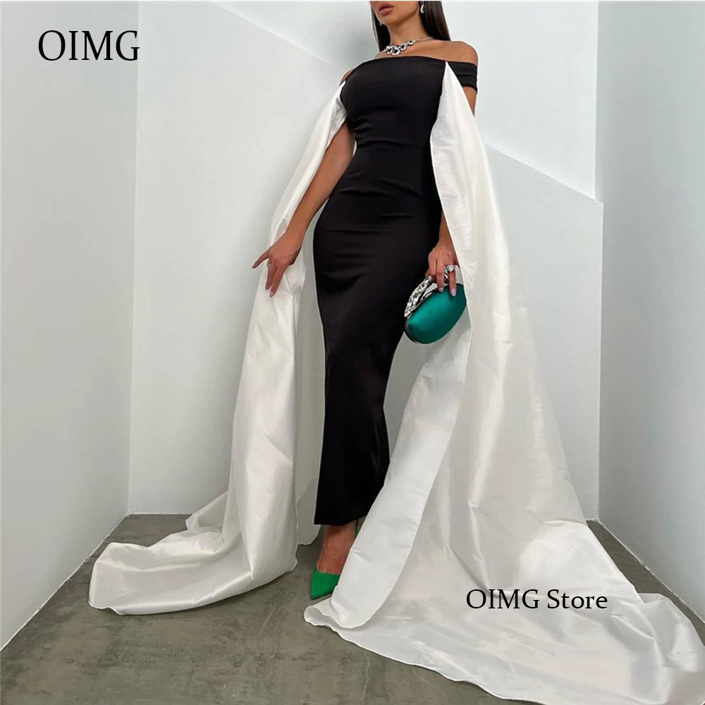 Simple Black And White Mermaid Formal Evening Dresses Off the Shoulder Long Cape Crepe Saudi Arabic Women Prom Party Gown
Simple Black And White Mermaid Formal Evening Dresses Off the Shoulder Long Cape Crepe Saudi Arabic Women Prom Party Gown
