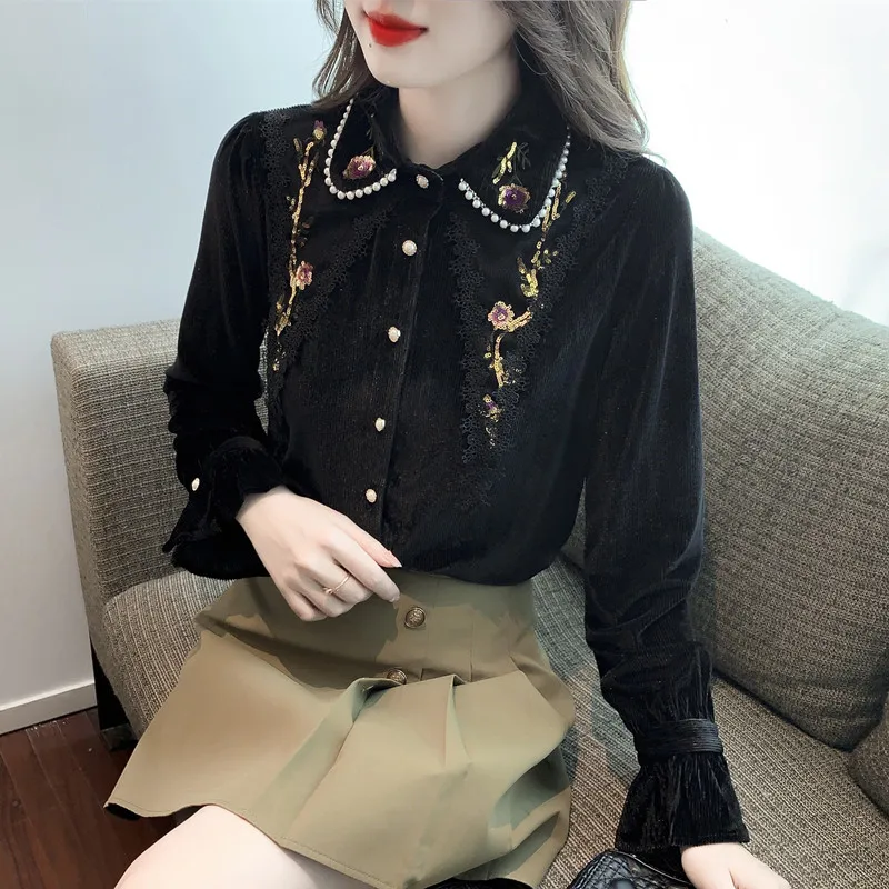 

2022 Spring Fall Women Embroidery Beading Pearls Glitters Black Velvet Top Blouse , Woman Vintage Sequined Velour Tops Blouses