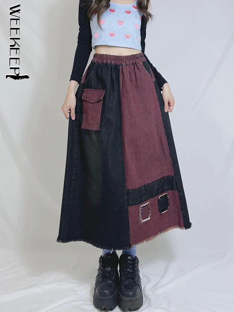 Weekeep Patchwork Denim Skirt Long High Waist Contrast Color Loose Midi Jean Skirts Pocket Fashion Streetwear Lady Retro Outfits
Weekeep Patchwork Denim Skirt Long High Waist Contrast Color Loose Midi Jean Skirts Pocket Fashion Streetwear Lady Retro Outfits