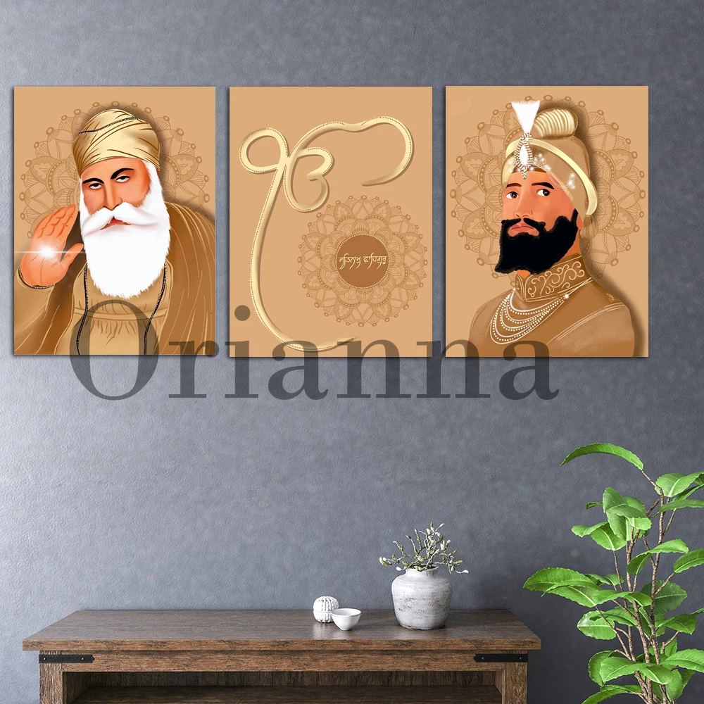 

Golden Borwn Guru Nanak Ji Guru Gobind Singh Ji Ek Onkar Art Print Poster India Sikh Religious Home Living Room Decor Painting
