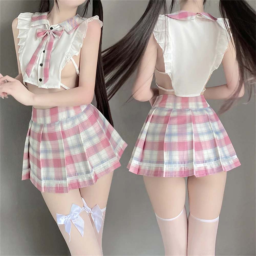 

2023 New Sexy Cute Student Sailor Cosplay Role Play Uniform Temptation See-through Erotic Plaid Jk Pleated Skirt Lingerie Set