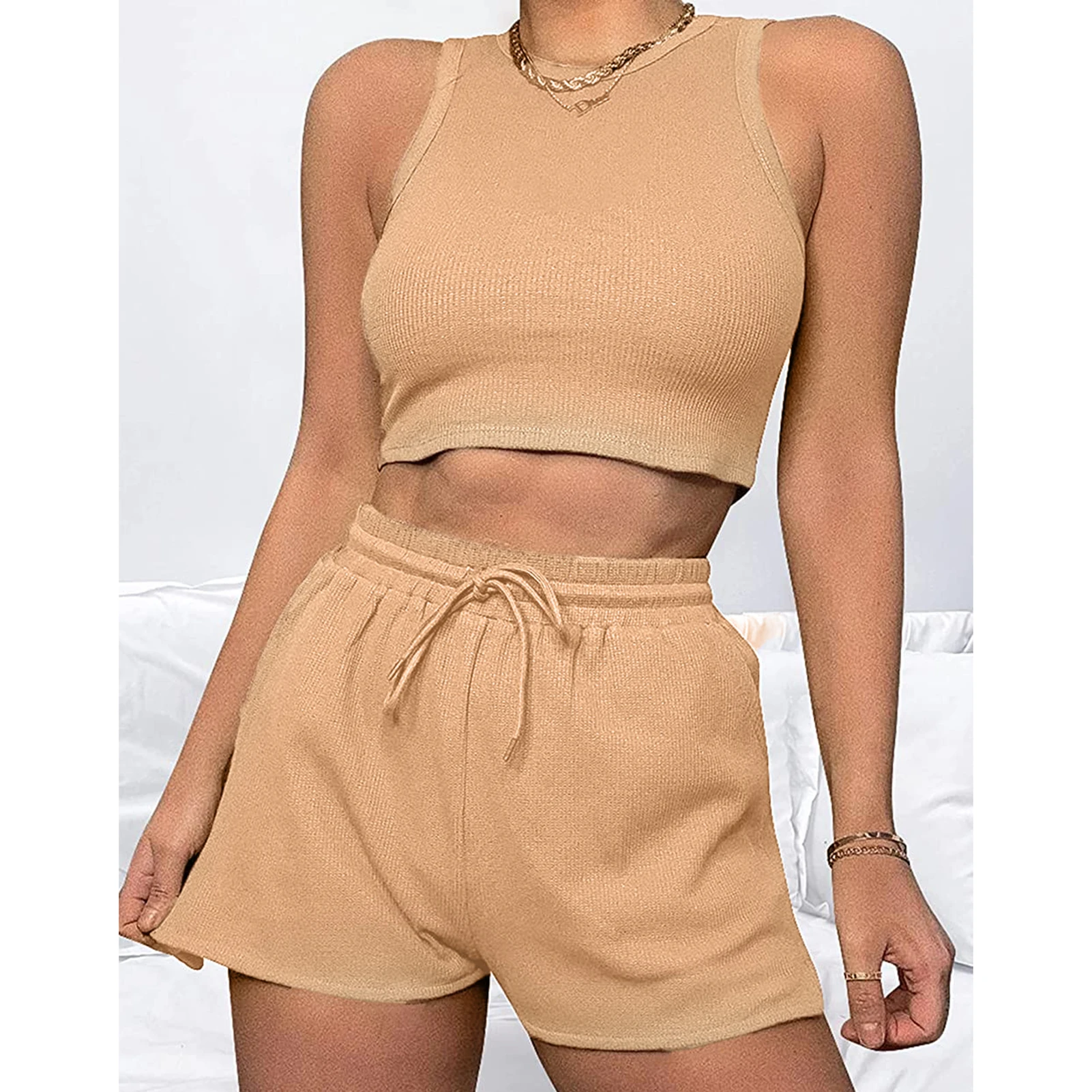 Ladies Knitted Shirt Top Shorts Solid Color Women Casual Vest Tee Shorts Set Sleeveless Elastic Waist Drawstring Sports Outfit
Ladies Knitted Shirt Top Shorts Solid Color Women Casual Vest Tee Shorts Set Sleeveless Elastic Waist Drawstring Sports Outfit