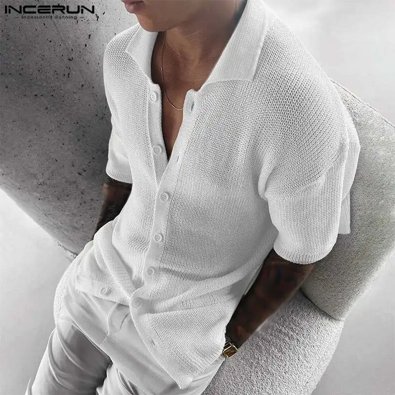 Men Shirt Solid Knitted Lapel Transparent Short Sleeve Stylish Men Clothing Streetwear Summer 2023 Casual Thin Shirts INCERUN 
Men Shirt Solid Knitted Lapel Transparent Short Sleeve Stylish Men Clothing Streetwear Summer 2023 Casual Thin Shirts INCERUN
