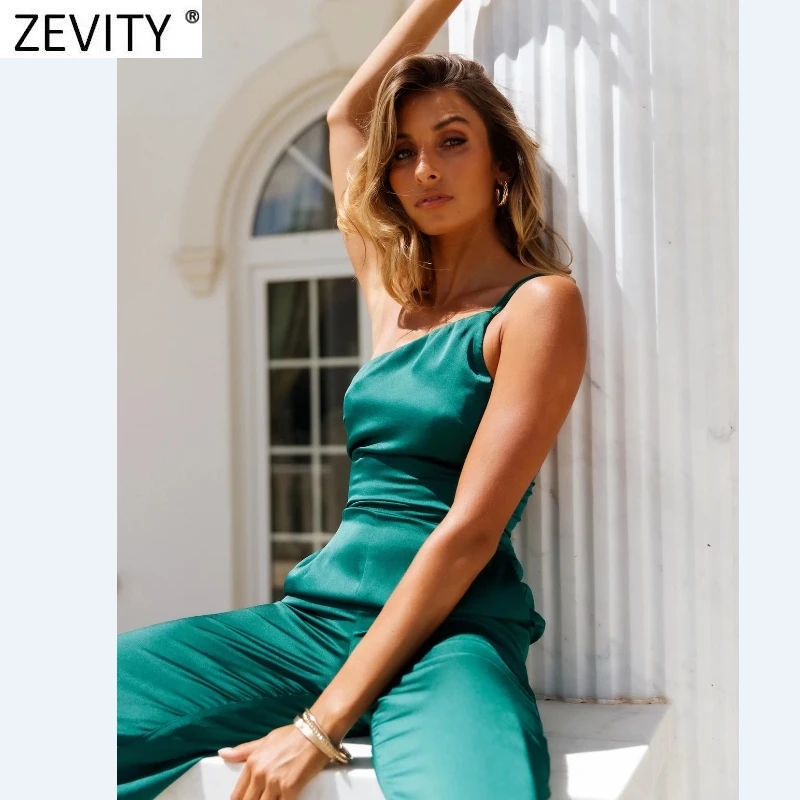 Zevity New Women Sexy Single Shoulder Asymmetrical Wide Leg Satin Jumpsuits Chic Ladies Backless Zipper Streetwear Rompers P1268 
Zevity New Women Sexy Single Shoulder Asymmetrical Wide Leg Satin Jumpsuits Chic Ladies Backless Zipper Streetwear Rompers P1268