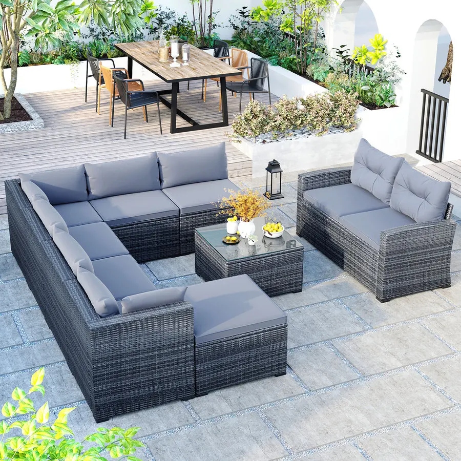 10-Piece Patio Rattan PE Wicker Furniture Corner Sofa Set, Sectional Sofa Chair, Seating, Lying(Black Wicker, Beige /gray Cushio
10-Piece Patio Rattan PE Wicker Furniture Corner Sofa Set, Sectional Sofa Chair, Seating, Lying(Black Wicker, Beige /gray Cushio