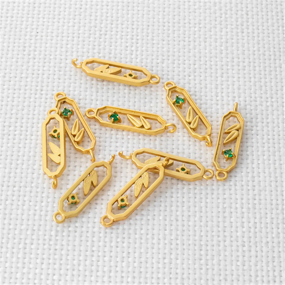 

18K Gold covered dumb gold inlaid zircon double ring leaves hollowed out rectangular link double pendant DIY jewelry accessories