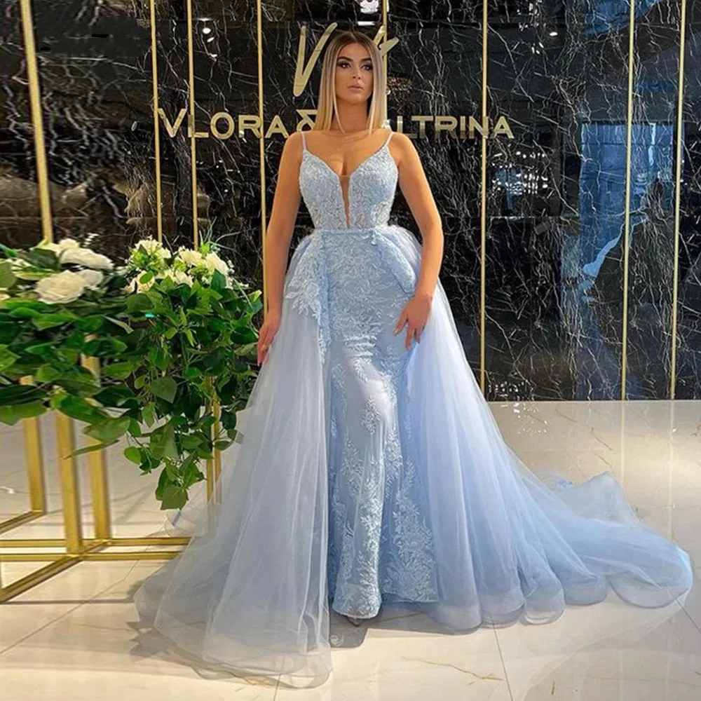 Light Sky Blue Lace Evening Dresses Mermaid Spaghetti Straps Overskirt Long Formal Celebrity Prom Gowns Robes De Soirée Plus
Light Sky Blue Lace Evening Dresses Mermaid Spaghetti Straps Overskirt Long Formal Celebrity Prom Gowns Robes De Soirée Plus