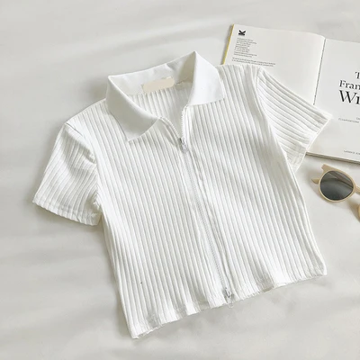 A Women's solid color polo collar top summer all-match zipper pit striped short-sleeved short T-shirt
A Women's solid color polo collar top summer all-match zipper pit striped short-sleeved short T-shirt