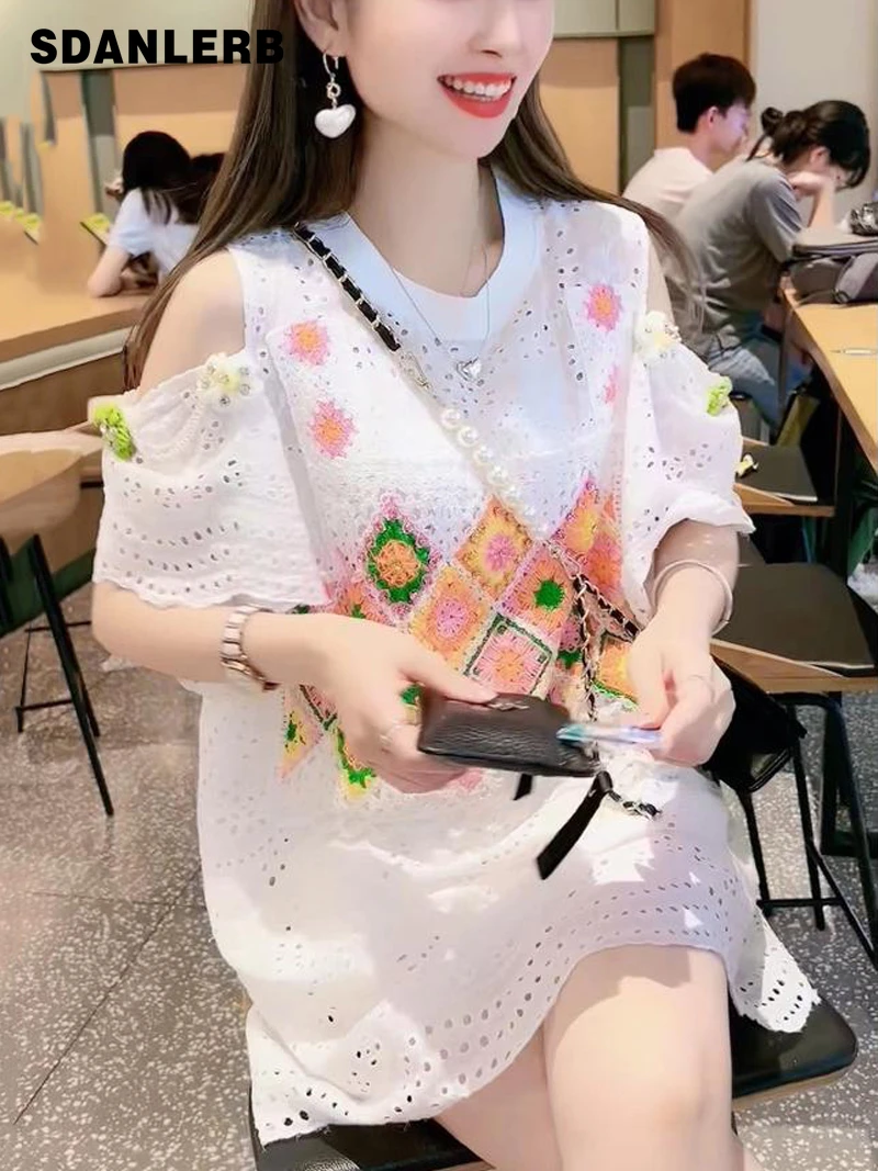 European Goods Summer New Heavy Industry Beads Flower Lace off-Shoulder dress Women's Mid-Length Loose Slimming Hollow Dress
European Goods Summer New Heavy Industry Beads Flower Lace off-Shoulder dress Women's Mid-Length Loose Slimming Hollow Dress