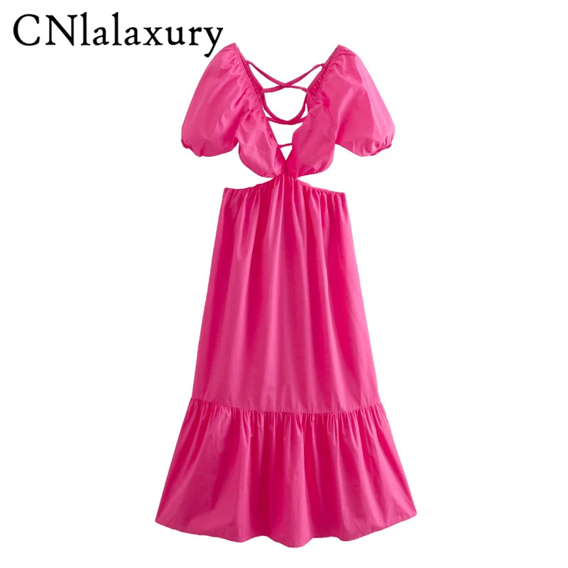 

CNlalaxury 2022 Summer New Woman Rose Red V neck Dress Puff Sleeves Hollow Out Dresses Ruffled Hem A word Fashion Vestidos Mujer