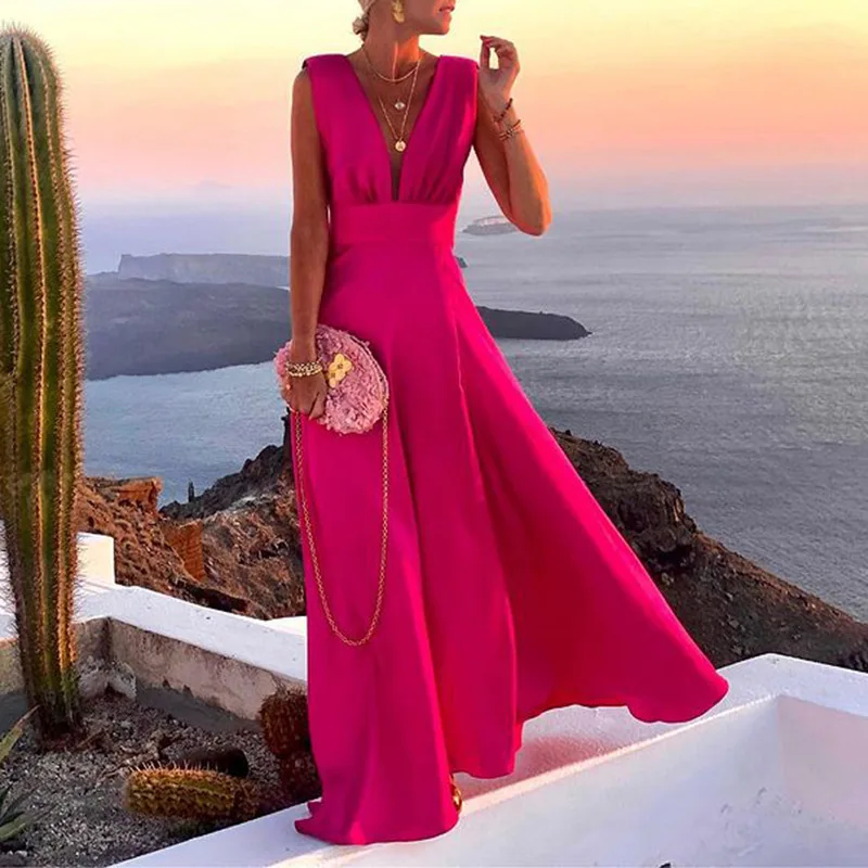 Sexy Backless Ladies Sleeveless Beach Dress Vintage Women's Summer Dress Vestido Ladies Elegant Solid Color V Neck Party Dress
Sexy Backless Ladies Sleeveless Beach Dress Vintage Women's Summer Dress Vestido Ladies Elegant Solid Color V Neck Party Dress
