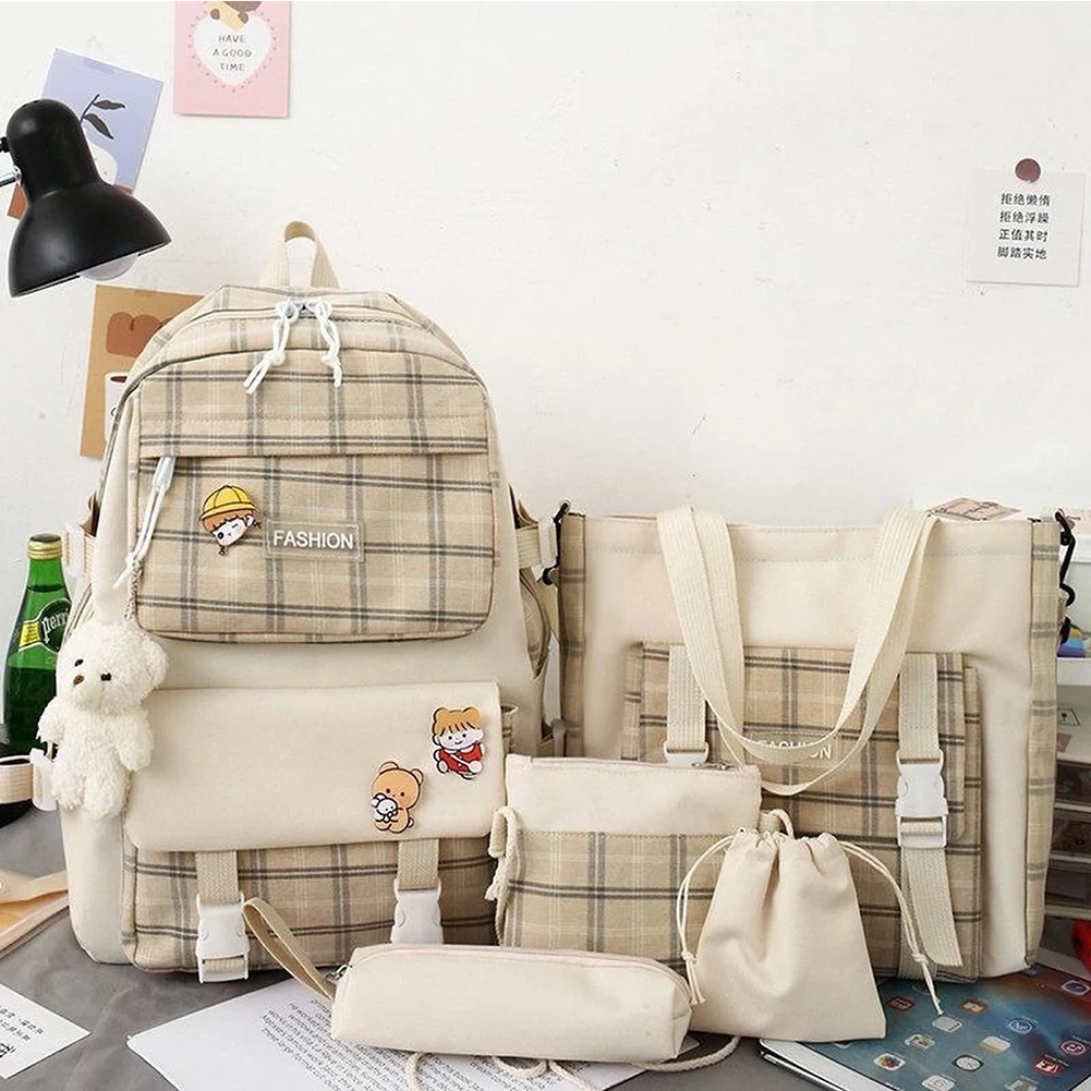 5pcs/set Backpack Combo Set Large Capacity Canvas School Backpack Waterproof Cute Plaid Knapsack Pendant Badge for Travel Office
5pcs/set Backpack Combo Set Large Capacity Canvas School Backpack Waterproof Cute Plaid Knapsack Pendant Badge for Travel Office