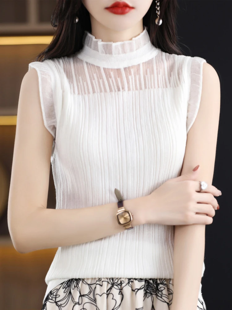 Knitted T-shirt women 2023 summer half high neck lace patchwork knitted sleeveless thin hollow top
Knitted T-shirt women 2023 summer half high neck lace patchwork knitted sleeveless thin hollow top