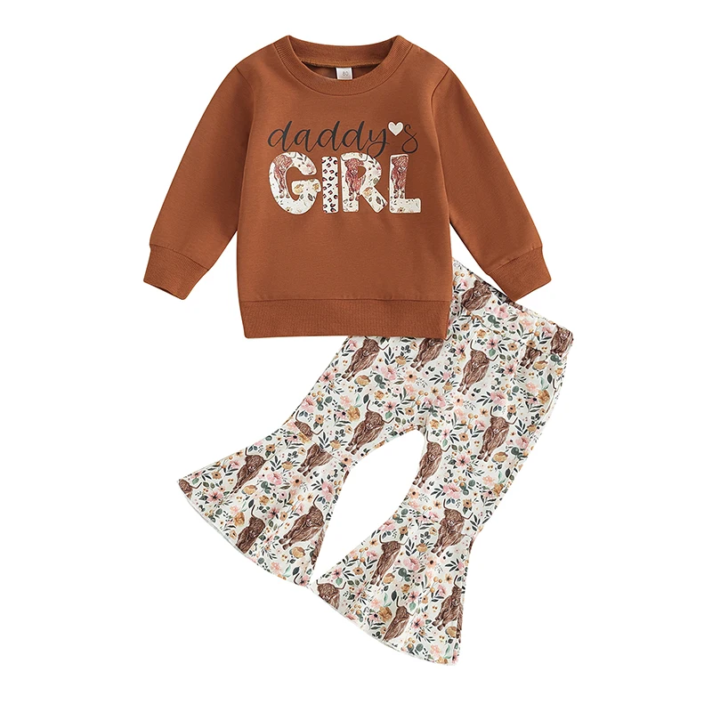 

Toddler Girl Western Clothes Letter Print Round Neck Long Sleeve Pullover Cattle Pattern Flare Pants Outfit