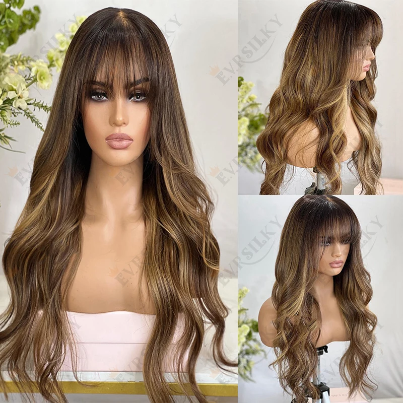 

Highlight Fringe Body Wave Human Hair Wigs for Women Machine Made 180 Density Glueless Brazilian Remy Bangs Wig with Silk Top