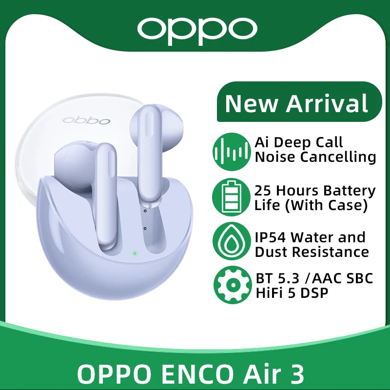 

Наушники OPPO ENCO Air 3 TWS, беспроводные наушники Bluetooth 5,3, наушники-вкладыши с ИИ шумоподавлением, срок службы батареи 25 часов, IP54 для OPPO Reno 9 Pro