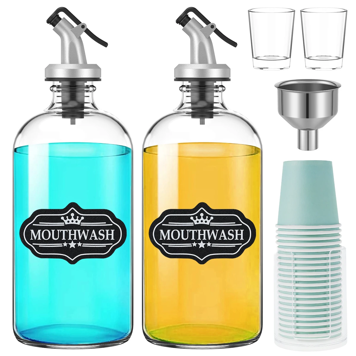 Mouthwash Dispenser Set with Funnel Cups Stickers Reusable 500ml Glass Mouthwash Bottle Dispenser Refillable Leak Proof Glass
Mouthwash Dispenser Set with Funnel Cups Stickers Reusable 500ml Glass Mouthwash Bottle Dispenser Refillable Leak Proof Glass