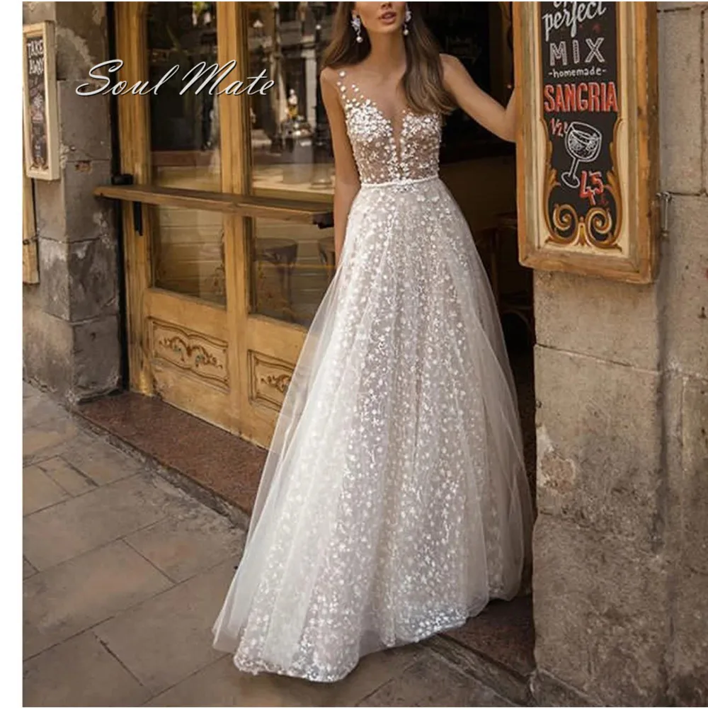 Romantic 2022 Wedding Dresses For Women High Wasit V-neck Backless A-line Lace 3D Flower Sleeveless Floor-length Robes De Soirée
Romantic 2022 Wedding Dresses For Women High Wasit V-neck Backless A-line Lace 3D Flower Sleeveless Floor-length Robes De Soirée
