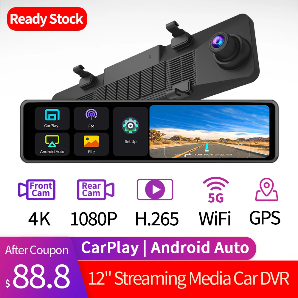 12 Inch Dash Cam 2 Cameras 4K Carplay Android Auto Car DVR 1080P Rearview Mirror Video Phone APP GPS FM 5G WiFi Loop Record DVR
12 Inch Dash Cam 2 Cameras 4K Carplay Android Auto Car DVR 1080P Rearview Mirror Video Phone APP GPS FM 5G WiFi Loop Record DVR