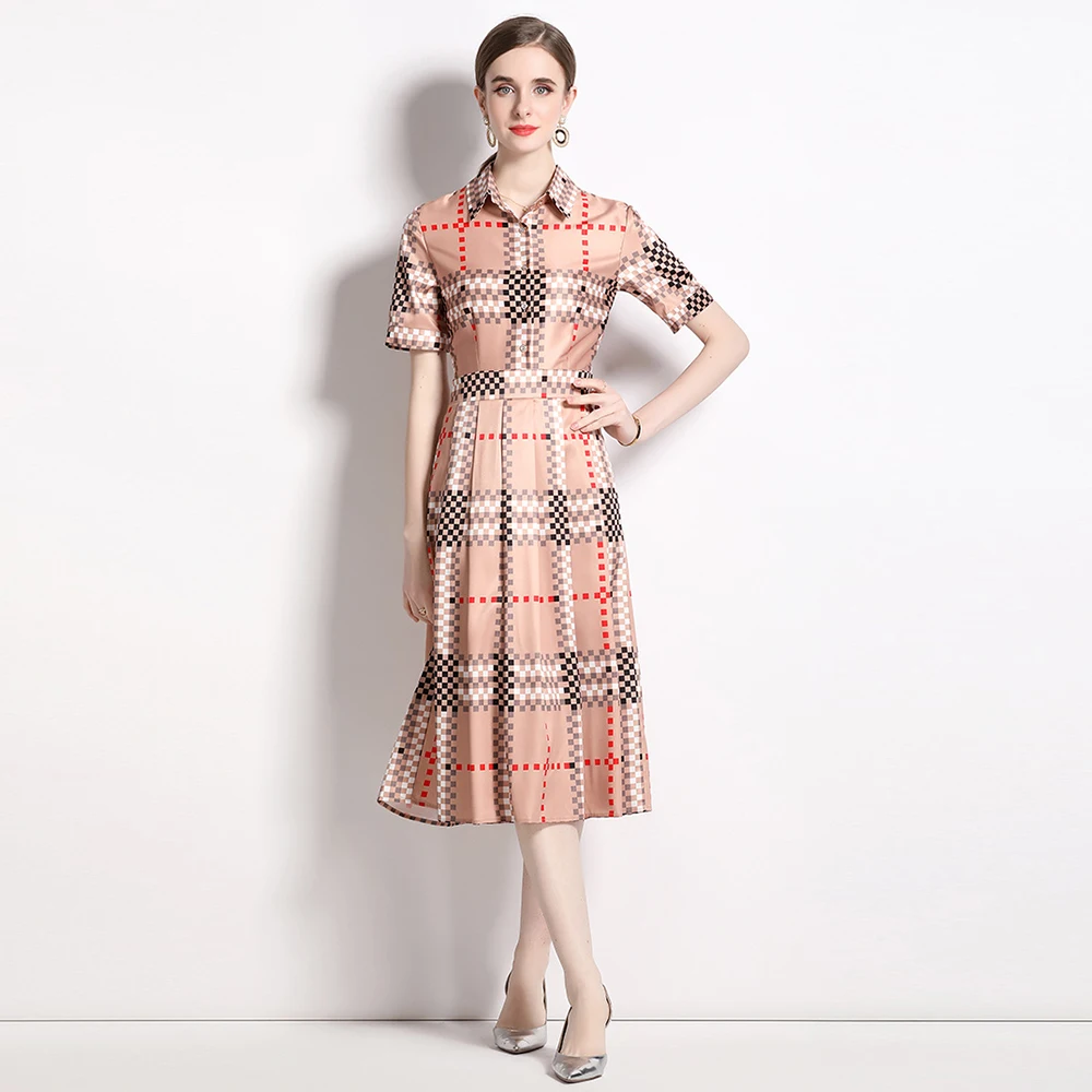 High Quality Summer Fashion Runway Plaid Shirt Dress Women's Lapel Short Sleeve Vintage Print Party Midi Dress Vestidos T2038
High Quality Summer Fashion Runway Plaid Shirt Dress Women's Lapel Short Sleeve Vintage Print Party Midi Dress Vestidos T2038