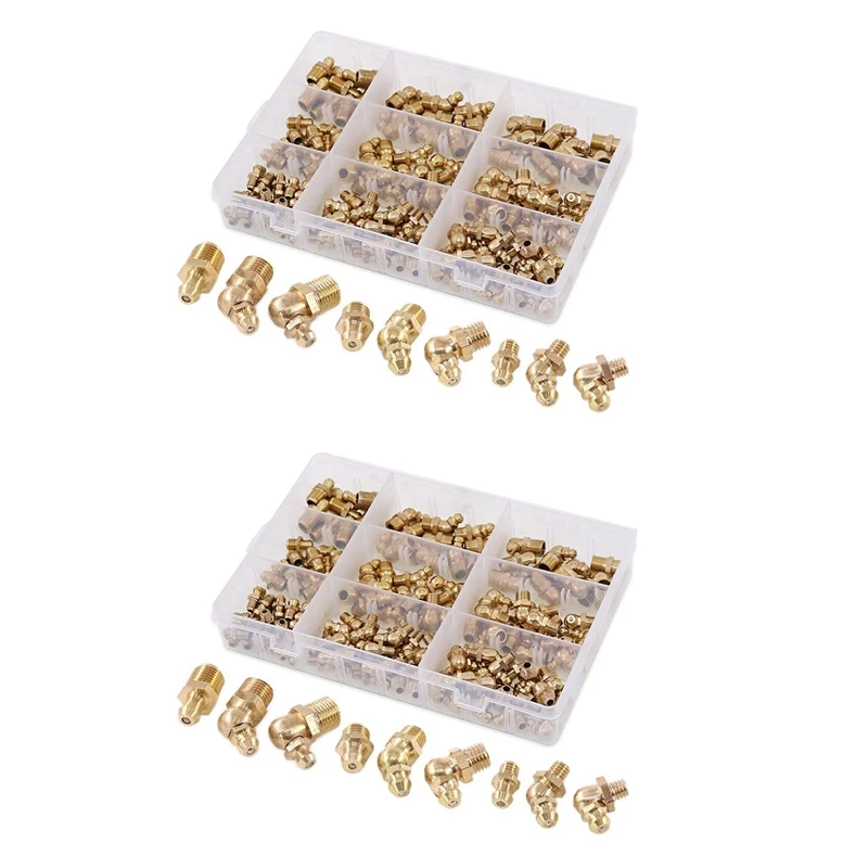 

New 290-Pcs Metric Standard Brass Hydraulic Grease Fitting Assortment Kit - Straight, 90-Degree, 45-Degree Angled Zerk