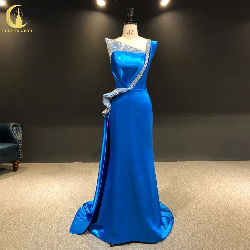 

Женское атласное платье-русалка, темно-синее вечернее платье с отделкой бисером, расшитое бисером, для выпускного вечера, 2575