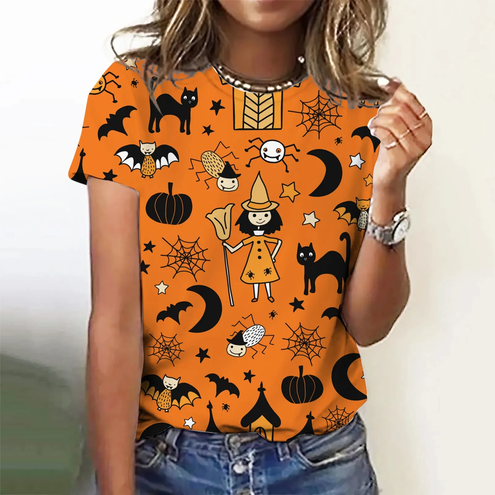2023 Women's New 3D Printing Halloween Pumpkin Texture Bat Pattern T-shirt Summer Short Sleeve Round Neck Top Clothing
2023 Women's New 3D Printing Halloween Pumpkin Texture Bat Pattern T-shirt Summer Short Sleeve Round Neck Top Clothing