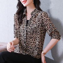 Fashion Leopard Shirt Loose Tops New Autumn Chiffon Shirt Women Blouses Sunscreen Shirt Turn Down Collar Clothes Blusas 28128