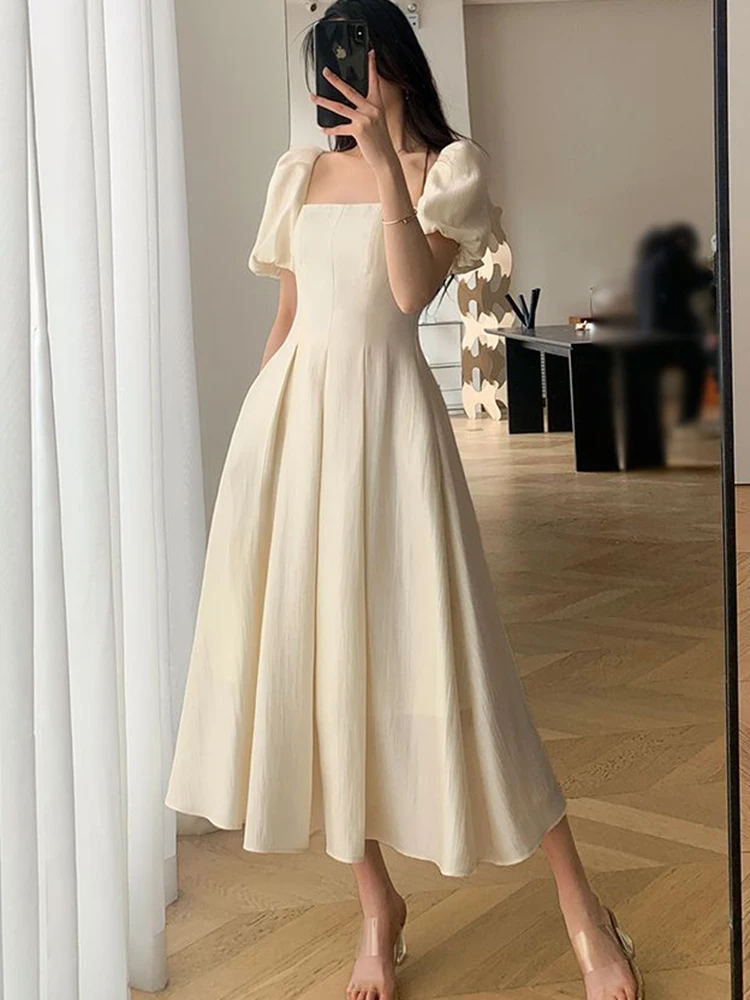 

Шикарное Новое модное летнее платье с квадратным вырезом и пышными рукавами, французское Повседневное платье, женское винтажное корейское платье средней длины, элегантные модели 2023 года