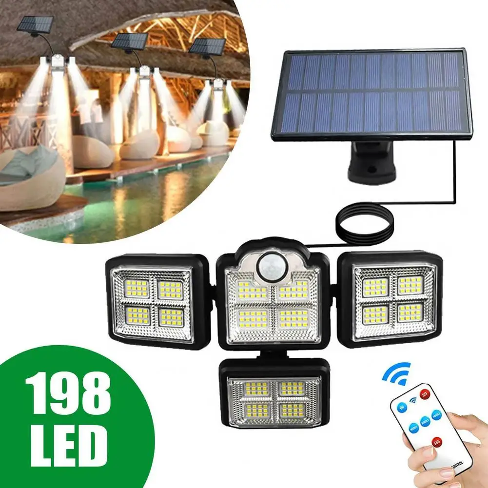 Solar Lights Outdoor 198 LED Wall Lamp 4 Head 3 Modes Waterproof Wide-Angle Motion Sensor Garden Security Wall Light with Remot
Solar Lights Outdoor 198 LED Wall Lamp 4 Head 3 Modes Waterproof Wide-Angle Motion Sensor Garden Security Wall Light with Remot