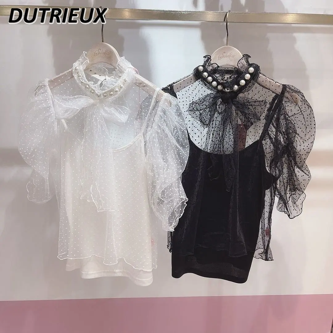 

Japanese Sweet Cute Circular Dots Puff Short Sleeve T-shirt Women Spring/Summer Clothes Chic Beaded Big Bow Lolita Lace Shirt