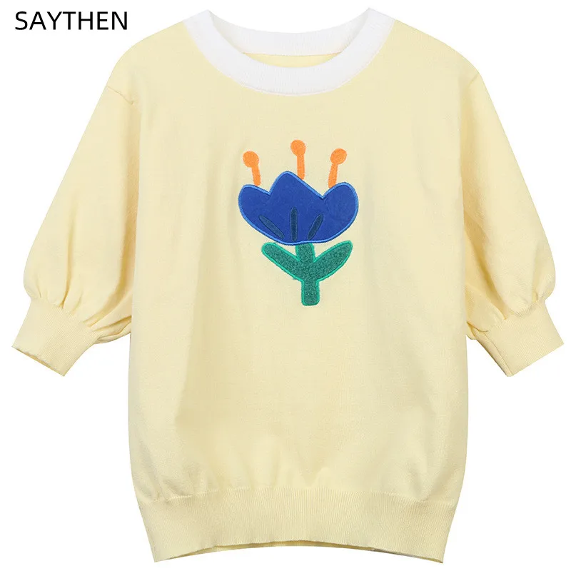 SAYTHEN Women's Round Neck Puff Sleeve Sweater Summer New Color Contrast Flower Embroidery Sweet College Slim Pullover Top
SAYTHEN Women's Round Neck Puff Sleeve Sweater Summer New Color Contrast Flower Embroidery Sweet College Slim Pullover Top