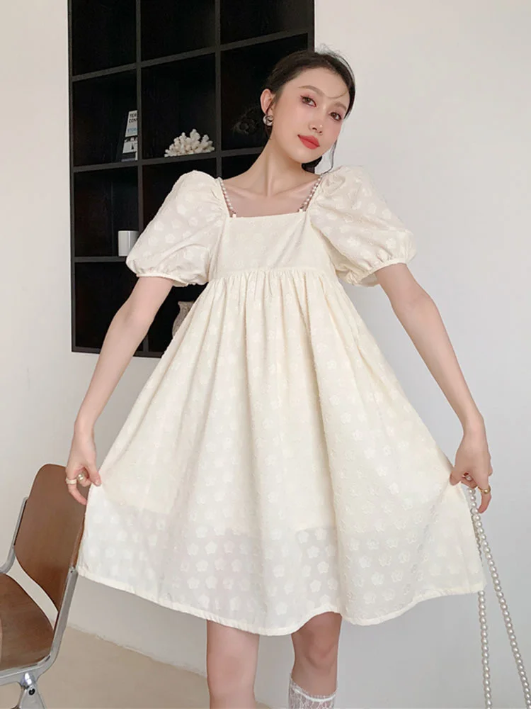 Women Pearl Strap Dress Jacquard Pullover Puff Short Sleeve Square Collar Loose New Female Clothing 2022 Summer B231
Women Pearl Strap Dress Jacquard Pullover Puff Short Sleeve Square Collar Loose New Female Clothing 2022 Summer B231