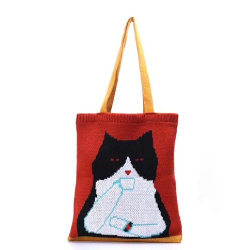 

Женская вязаная шерстяная сумка-тоут в японском стиле, зимняя сумка для подростков с милым рисунком кошки, крючком, сумка с ручками для поку...