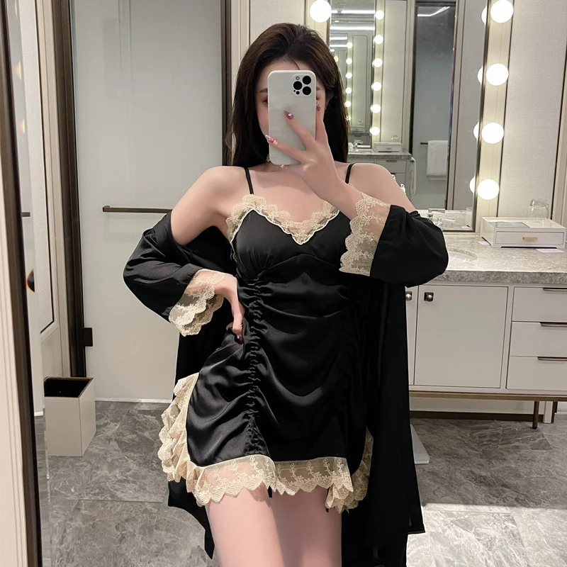 2022 Summer 2PCS Sexy Lace Lingerie Mini Dress Silk Satin Nightgowns Robes Sets Women Bathrobe Sleepwear Nightdress Night Dress
2022 Summer 2PCS Sexy Lace Lingerie Mini Dress Silk Satin Nightgowns Robes Sets Women Bathrobe Sleepwear Nightdress Night Dress