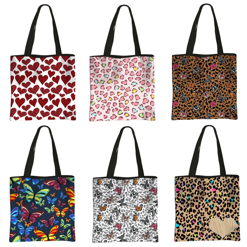 Leopard Butterfly/Heart Print Ladies Fashion Tote Bag Large Capacity Grocery Bag Reusable Shopping Bag
Leopard Butterfly/Heart Print Ladies Fashion Tote Bag Large Capacity Grocery Bag Reusable Shopping Bag