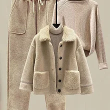 Women Winter Warm Three Piece Sets Womens Outfits Ladies Thick Teddy Lamb Fur Fleece Coats+knitted Sweater And Woolen Pants Sets