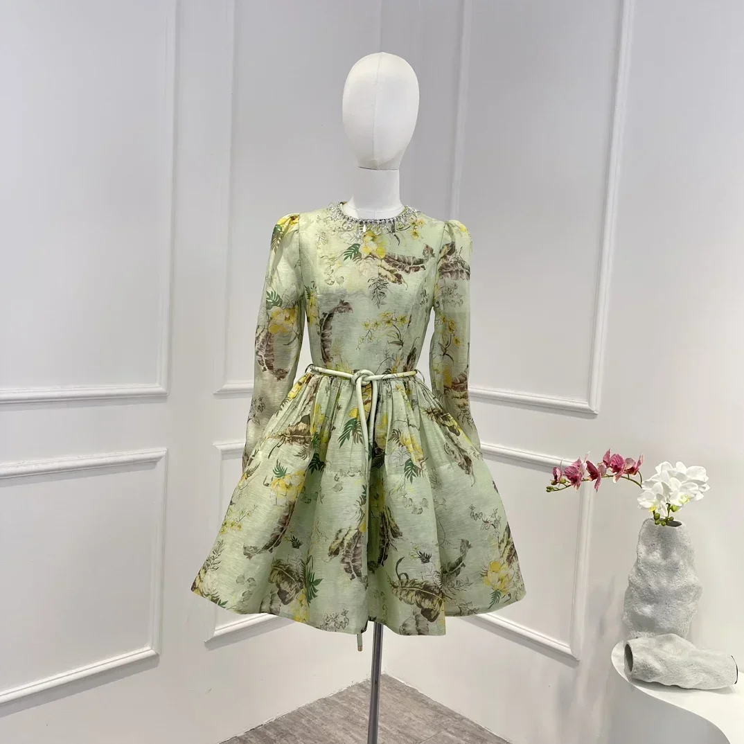 Linen Silk 2023 New High Quality Green Floral Printing Diamonds A-line Vintage Lace-up Long Sleeve Mini Dress for Woman
Linen Silk 2023 New High Quality Green Floral Printing Diamonds A-line Vintage Lace-up Long Sleeve Mini Dress for Woman