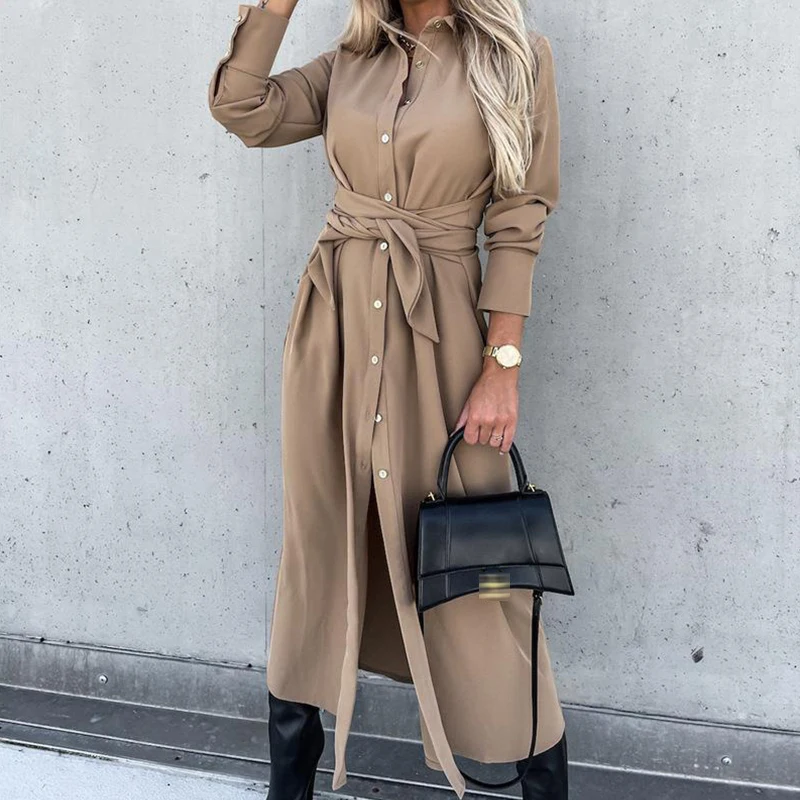 2022 Autumn Fashion New Long Shirt Dress Casual Solid Design Slim Lace-Up Maxi Dresses Women Elegant Single-Breasted Slit Dress 
2022 Autumn Fashion New Long Shirt Dress Casual Solid Design Slim Lace-Up Maxi Dresses Women Elegant Single-Breasted Slit Dress