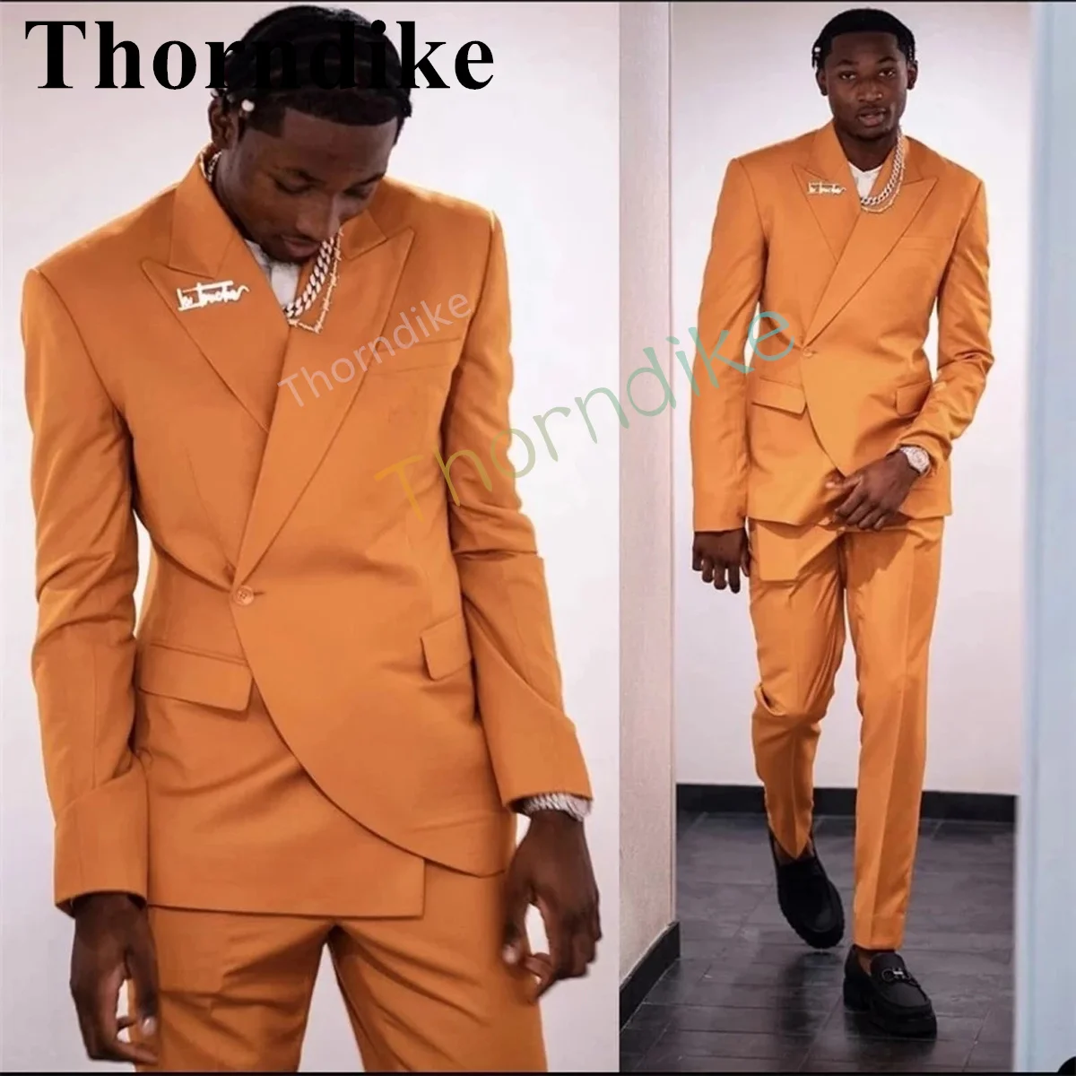 

Особый дизайн, повседневный смокинг для жениха Thorndike, Свадебный костюм, пиджак с лацканами, оранжевый мужской модный костюм, комплект из 2 пр...