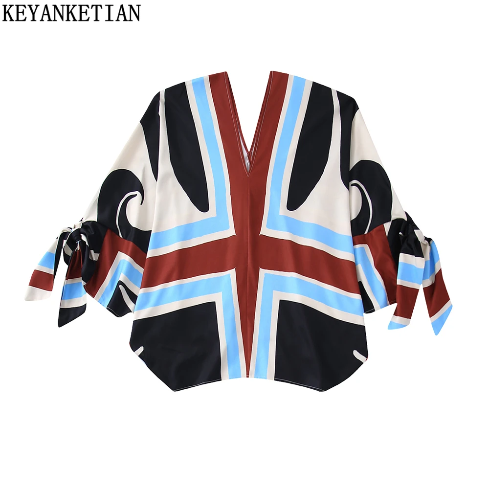 

KEYANKETIAN Ladies Bow Embellished Doll Sleeve Striped Shirt 2022 New Women's Fashion Contrast Color Print Pullover Crop Top